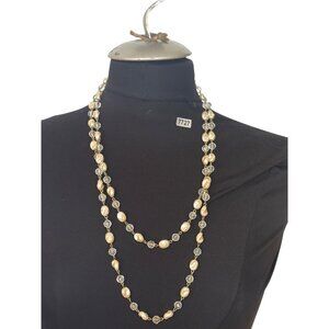 Vintage Long Faux Pearl & Clear Bead Necklace
